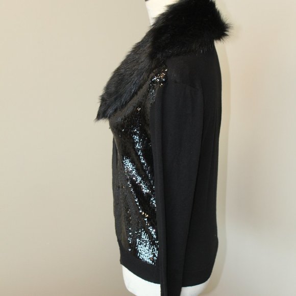 Jones New York, Wool Blend Faux Fur Sequin Button Front Black Sweater, PS - Picture 4 of 11